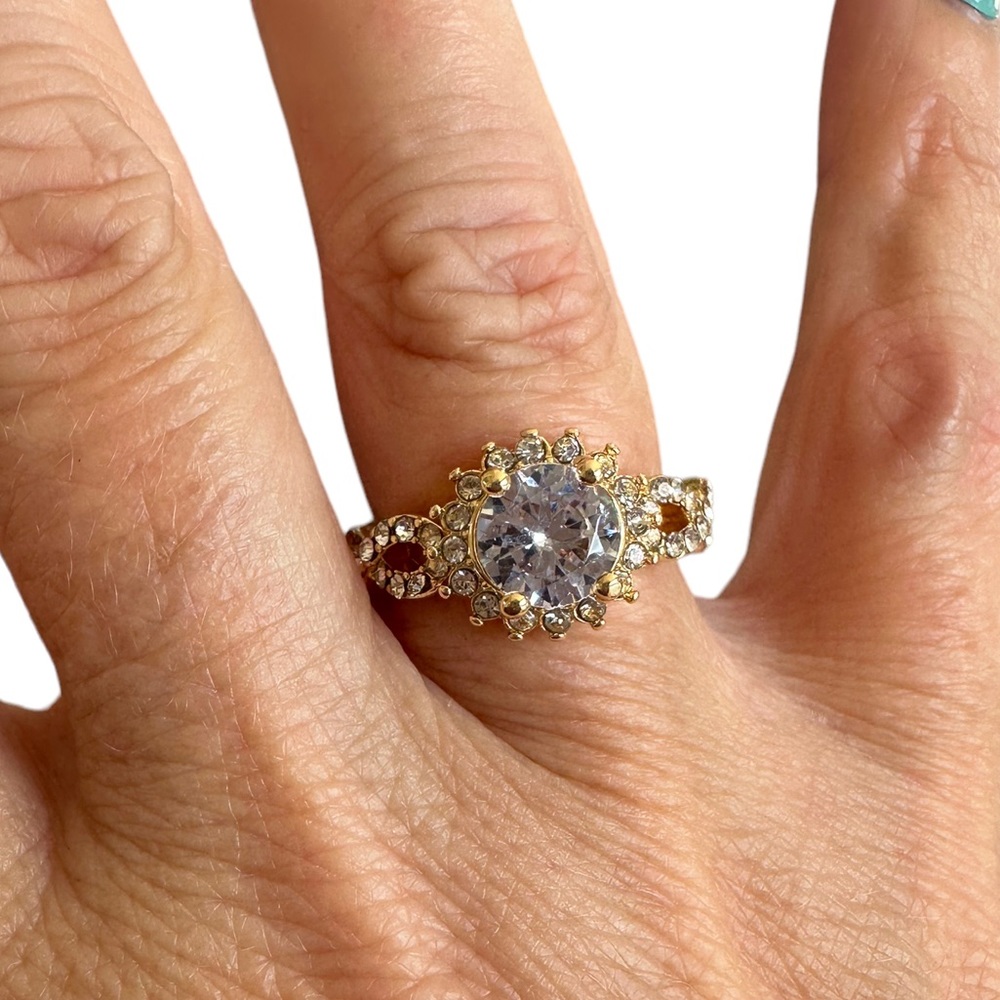 Round Cubic Zirconia with Diamond Accented Gold Ring